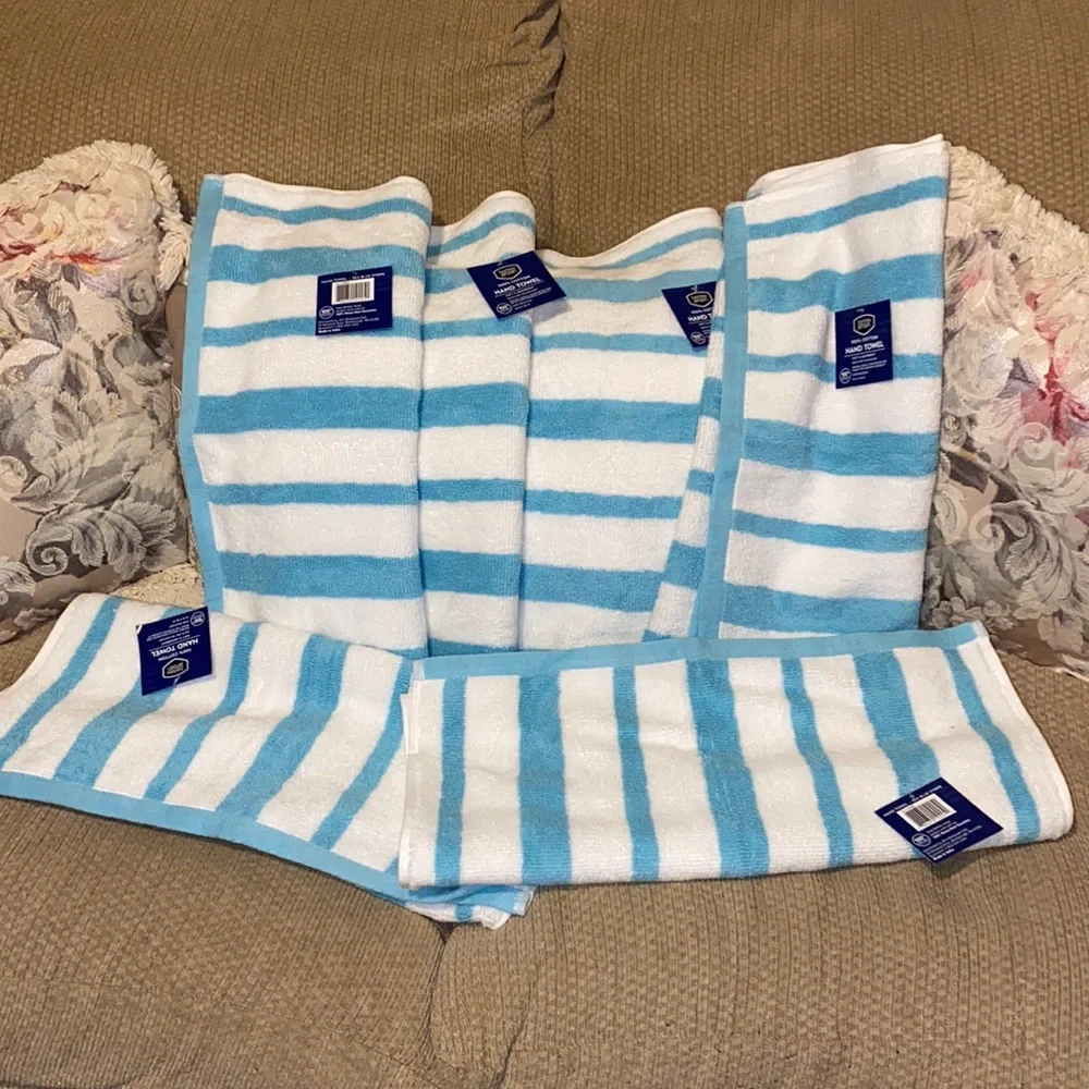 🩵🐚🩵NWT 100% Cotton Hand Towels Striped Agua/White Bundle Set